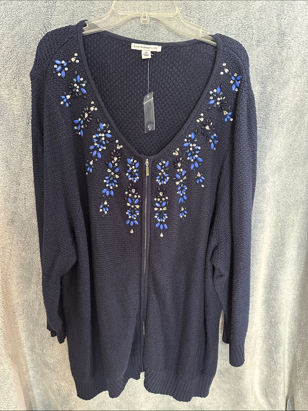 Isaac Mizrahi Navy V-Neck Zip Cardigan with Blue and Silver Bead Embellishment